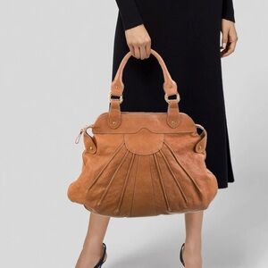 Valentino Garavani 1990s Brown Pleated Leather Shoulder Bag Tote Brass Hardware